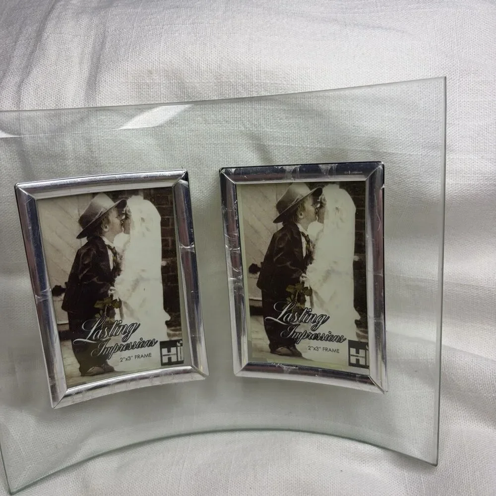 Curved 5.5” X 6.5” Clear Glass With Silver Frame Holds Double 2”x3” Photos